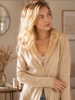🌷 Mixit 🌷 Gold Sparkle Fur Trim Cardigan Sweater NWT